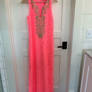 Lilly, lace, coral maxi dress